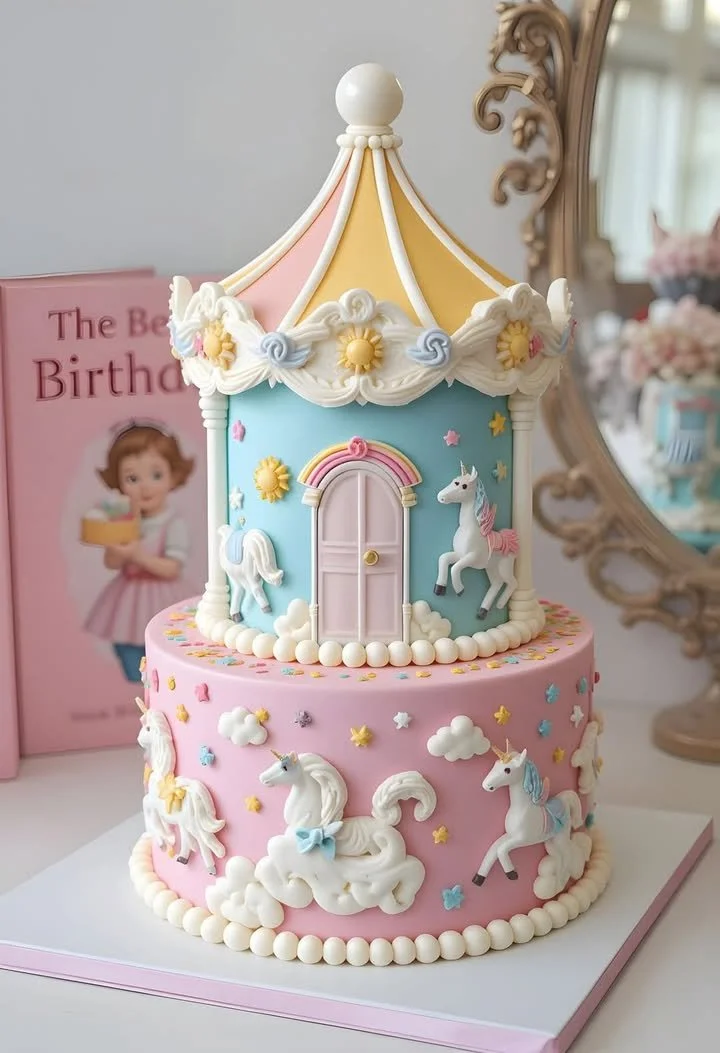 Carousel Unicorn Birthday Cake with vibrant colors and intricate decoration