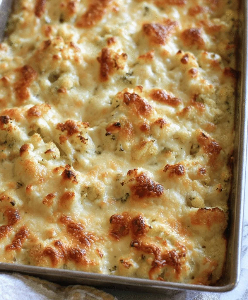 Delicious Cauliflower Cheese Bake topped with golden cheese crust