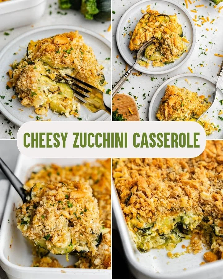 Cazuela de calabacín con queso gratinada, lista para servir.