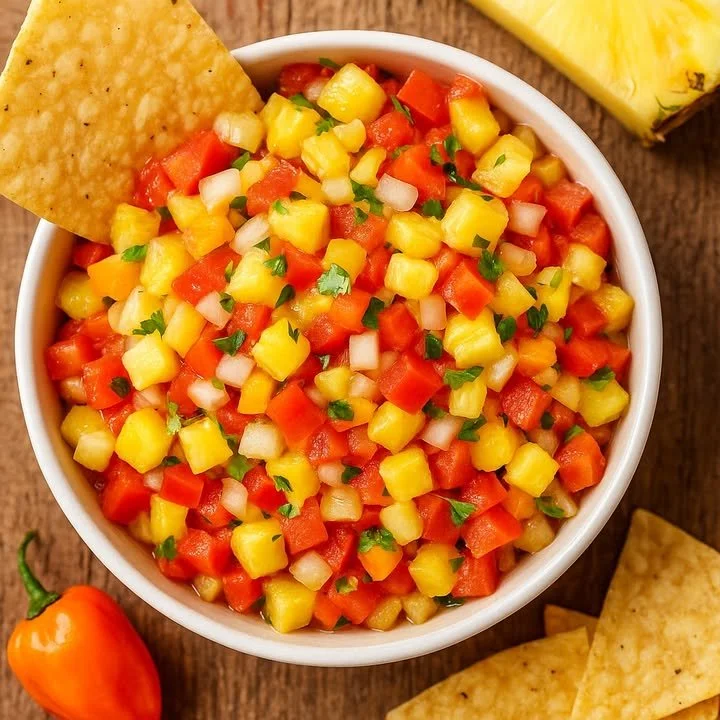 Charred Pineapple Habanero Salsa in a bowl with fresh ingredients