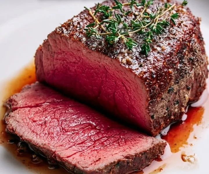 Deliciously cooked Chateaubriand steak served with garnishes.