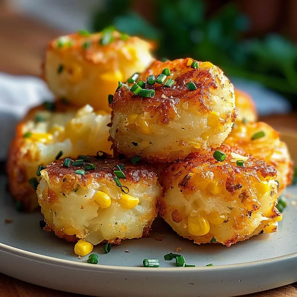 Plate of cheesy Cheddar Corn Potato Bites ready to be served.