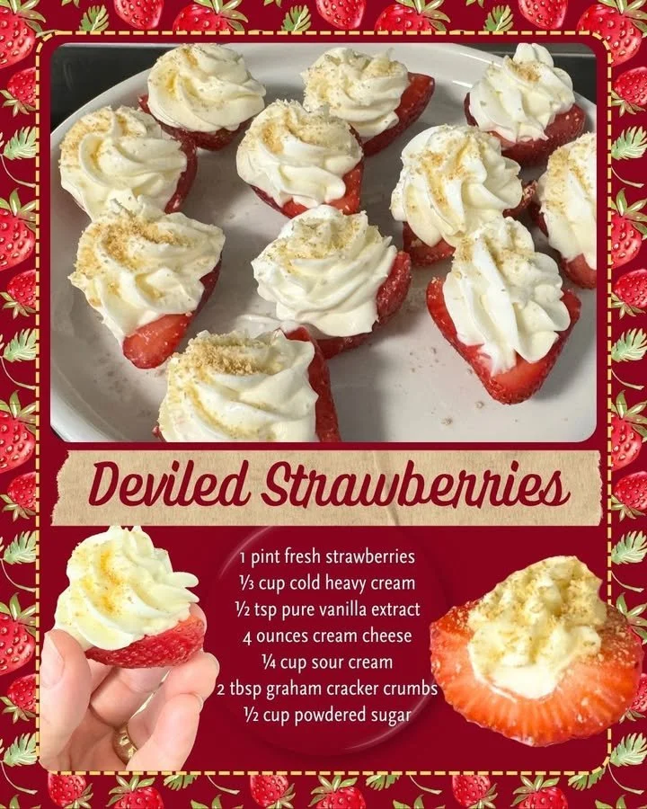 Cheesecake stuffed strawberries topped with cream for a delicious dessert