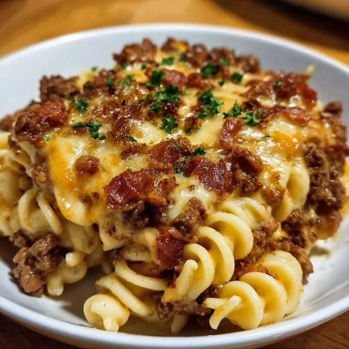 Cheesy Beef Pasta Bake topped with melted cheese and baked to perfection.