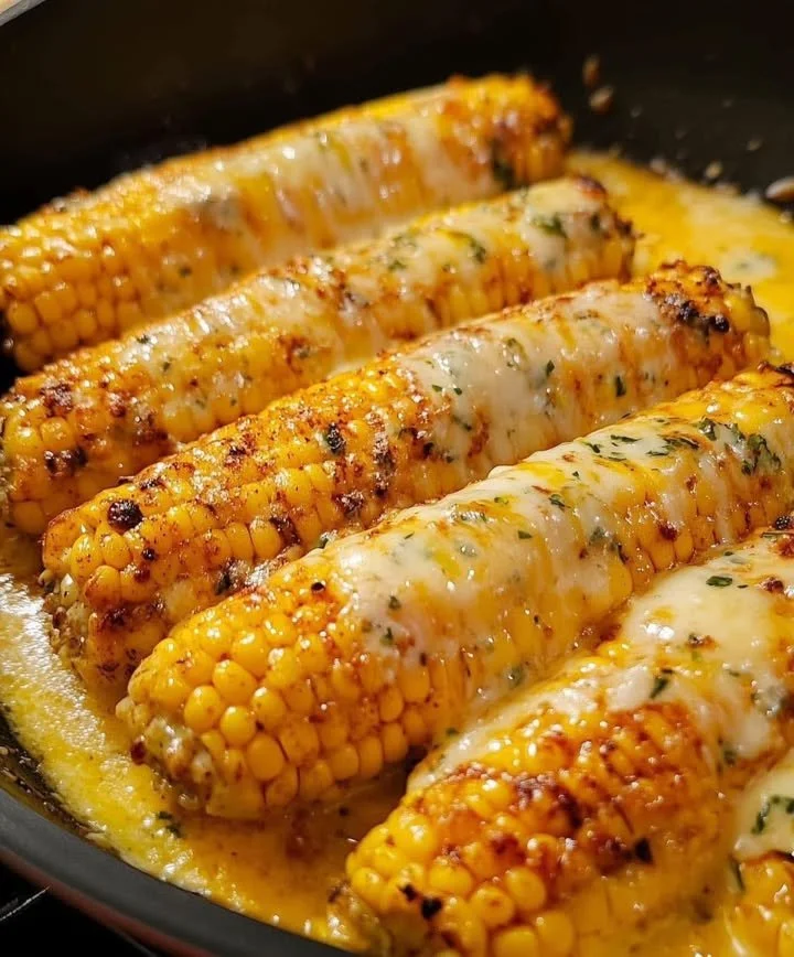 Cheesy garlic butter corn on the cob served with herbs and spices