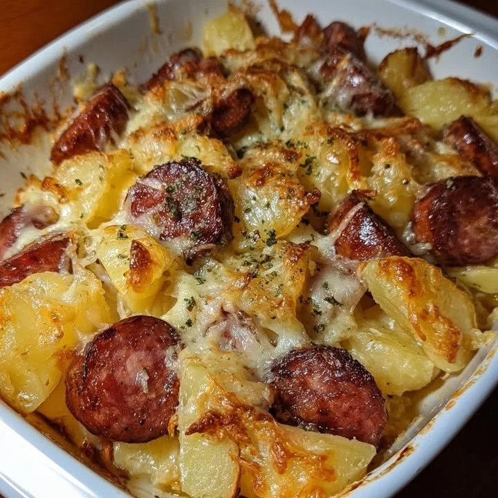 Cheesy ranch potatoes topped with smoked sausage in a delicious casserole dish