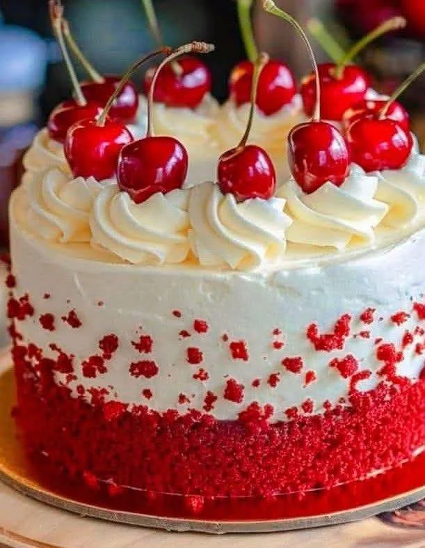 Delicious cherry cake with cherry cream cheese frosting on a white plate