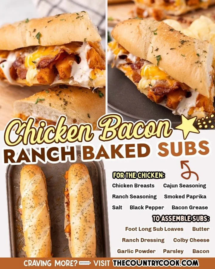 Delicious Chicken Bacon Ranch Baked Subs topped with cheese and crispy bacon