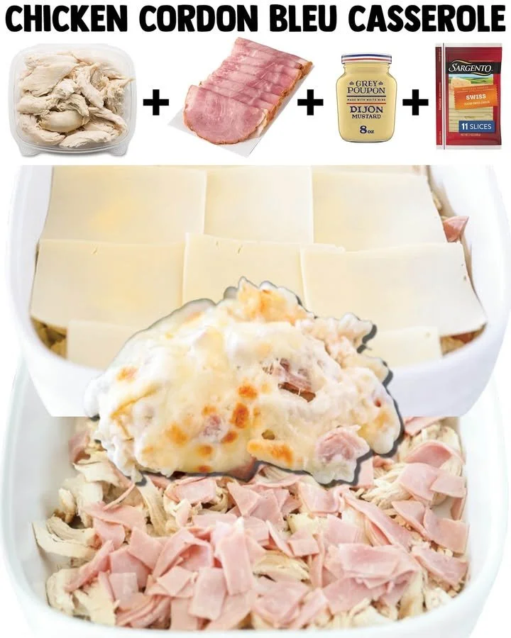 Delicious Chicken Cordon Bleu Casserole topped with melted cheese and fresh herbs