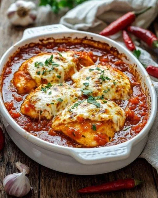 Chicken gratin topped with mozzarella and baked tomatoes, served in a dish.