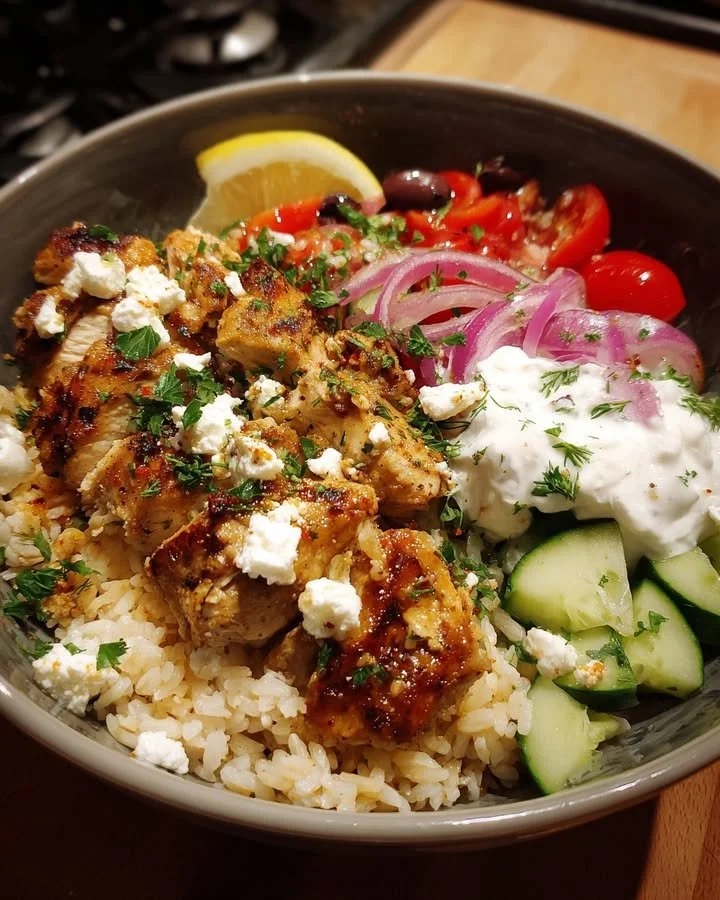 Delicious Chicken Gyro Bowl with grilled chicken, fresh vegetables, and tzatziki sauce.