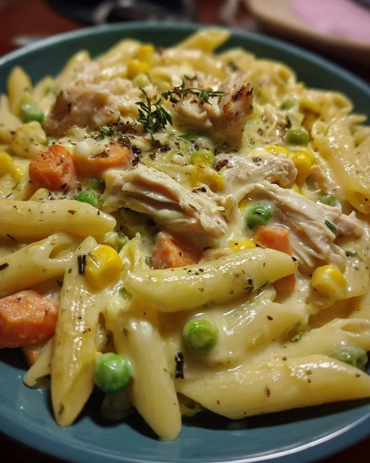 Delicious Chicken Pot Pie Pasta garnished with herbs in a bowl