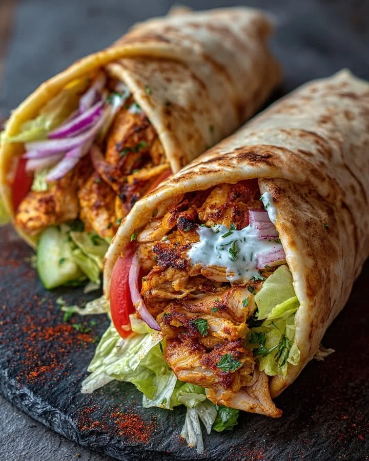 Delicious Chicken Shawarma Wraps filled with fresh vegetables and spices