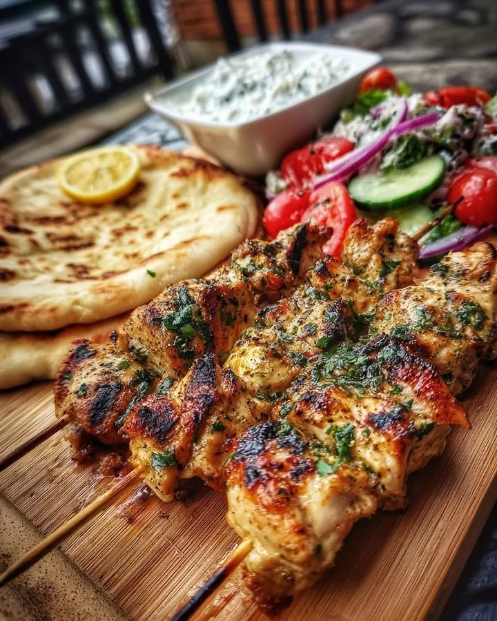 Grilled Chicken Souvlaki skewers served with fresh vegetables and tzatziki sauce.