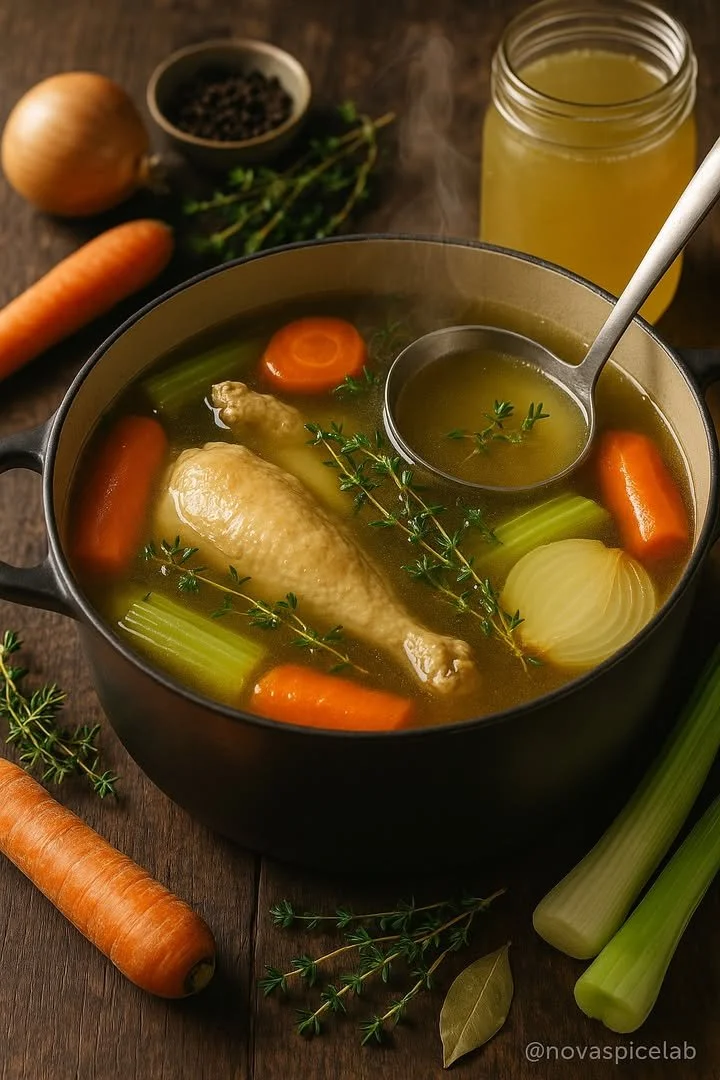 A pot of homemade chicken stock with fresh ingredients