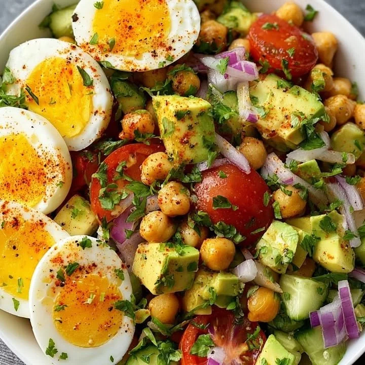 Chickpea, avocado, and egg salad in a bowl, garnished with herbs.