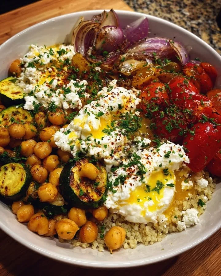Chickpea, feta, and lemon roasted veggie bowl topped with fresh herbs