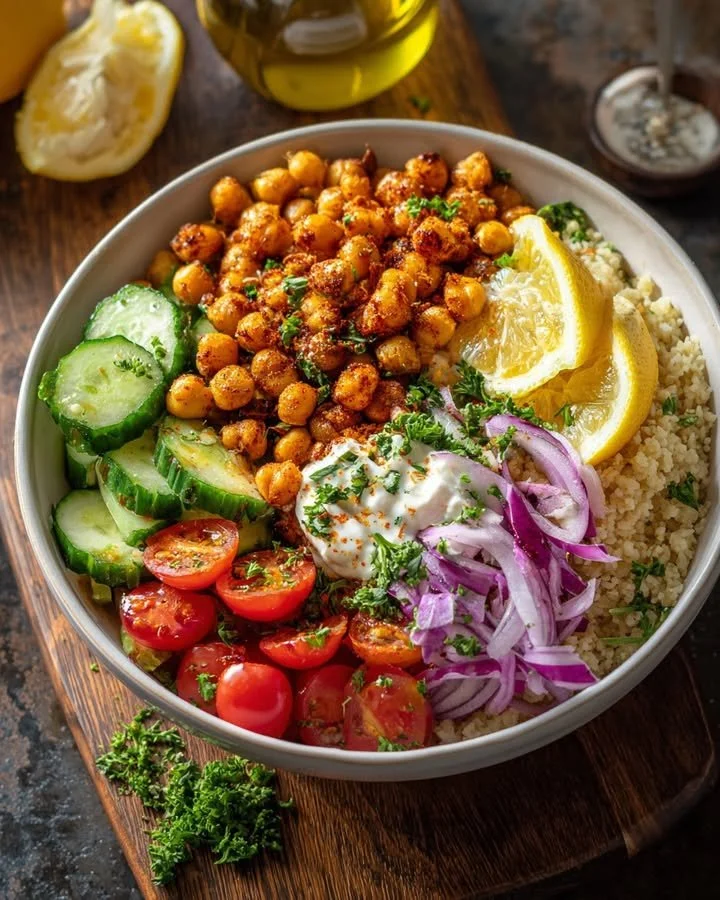 Chickpea Shawarma Bowl with fresh vegetables and sauce