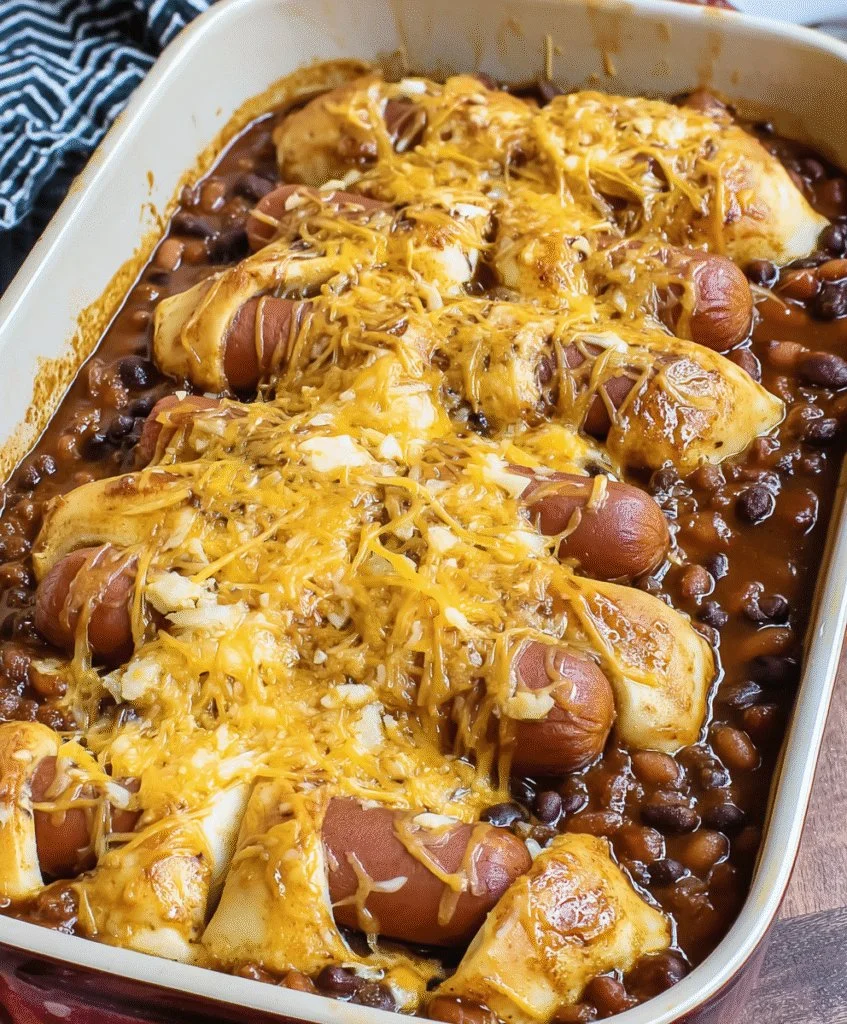 Chili cheese dog casserole topped with melted cheese and jalapeños