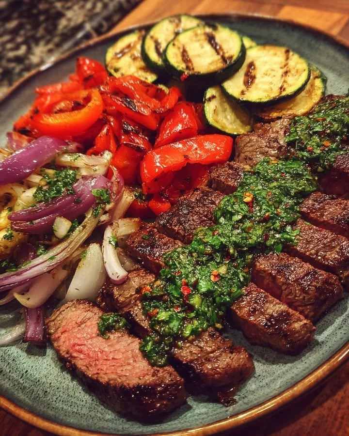Delicious chimichurri steak served with grilled veggies