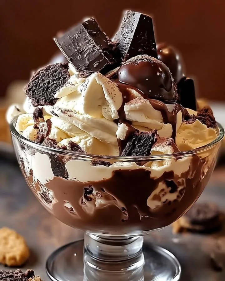 Choco-Chill Cheesecake Ice Cream in a bowl garnished with chocolate and berries