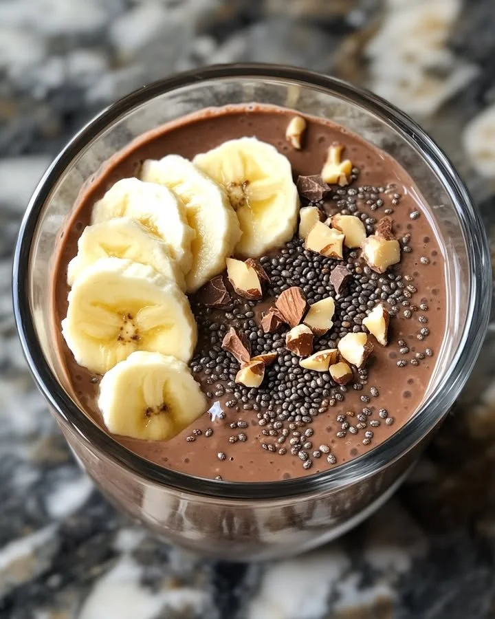 Creamy chocolate avocado chia pudding topped with berries and mint leaves