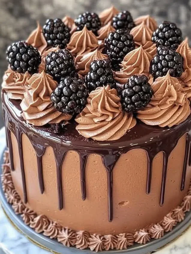 Chocolate Blackberry Layer Cake with layers of chocolate and blackberry filling.