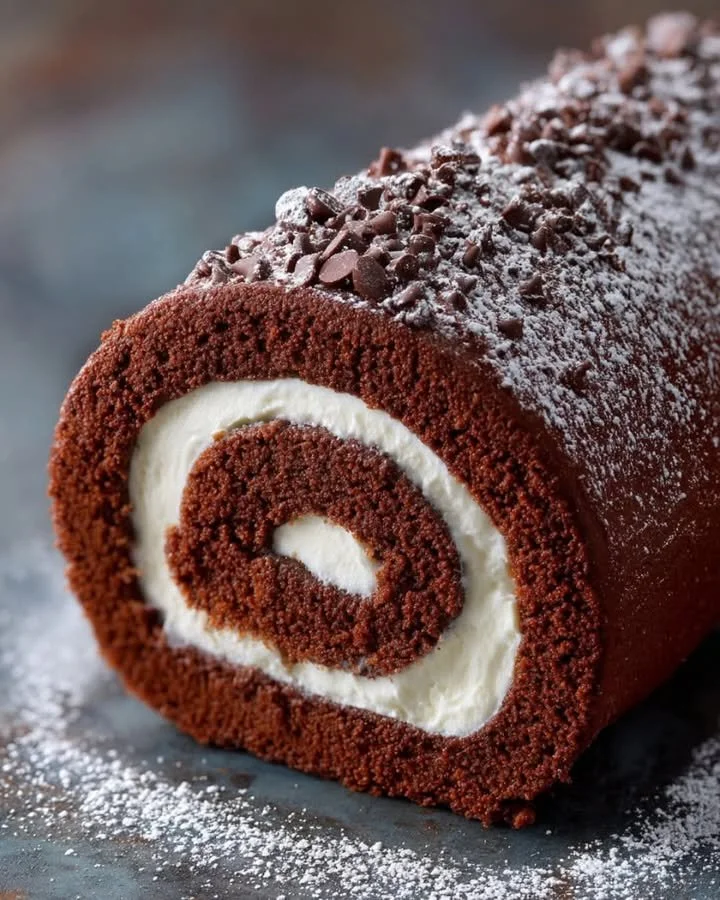 Delicious chocolate cake roll topped with chocolate ganache