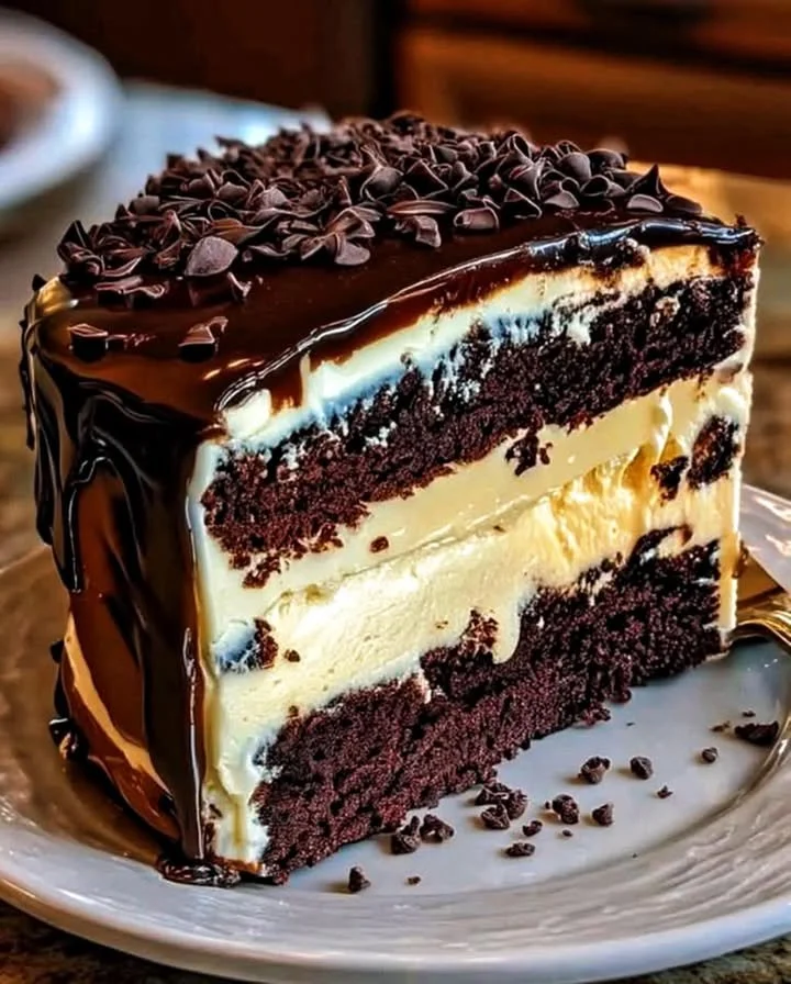 Delicious chocolate cake with cheesecake filling and chocolate ganache topping