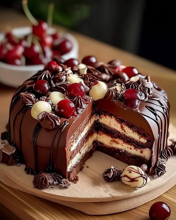 A delicious chocolate cherry Swiss roll dessert topped with cherries and whipped cream.
