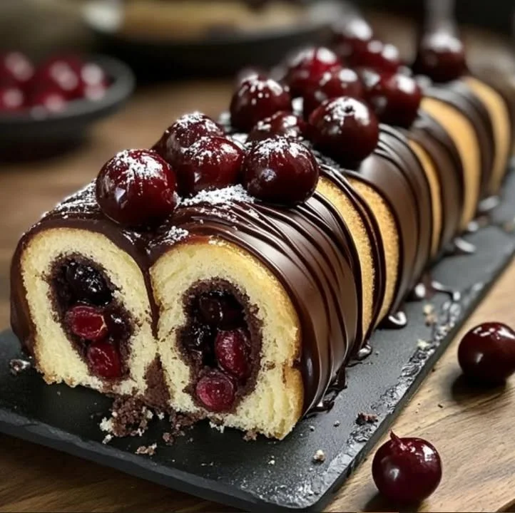Chocolate Cherry Swiss Roll dessert with chocolate and cherry filling