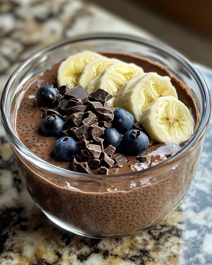 Creamy chocolate chia pudding topped with berries and nuts.