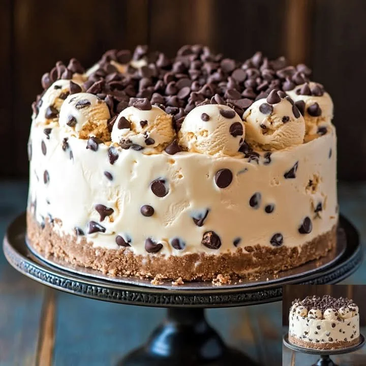 Chocolate Chip Cookie Dough Ice Cream Cake with chocolate drizzle and cookie pieces