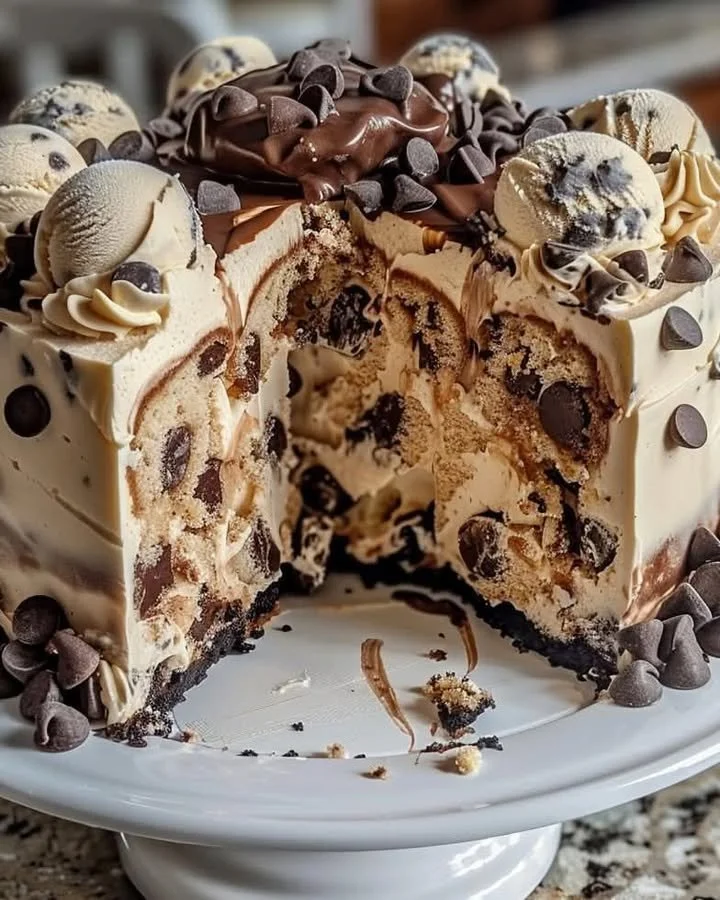 Delicious chocolate chip cookie dough ice cream cake slice