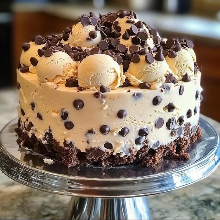 Delicious chocolate chip ice cream cake slice on a plate with a scoop of ice cream