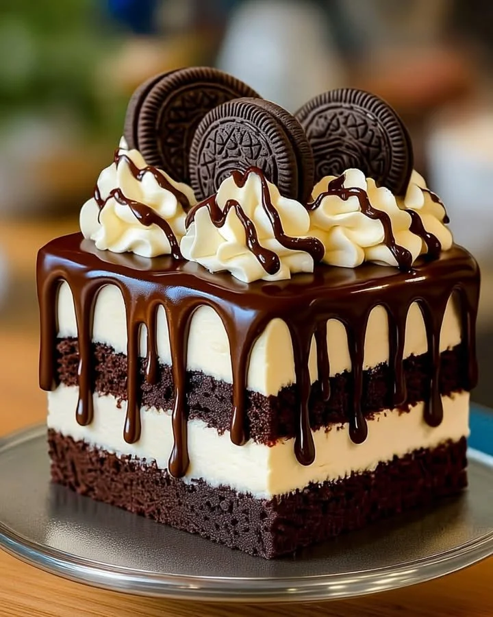 Decadent chocolate fudge layered dessert with rich chocolate topping