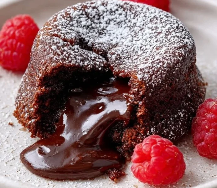 Delicious chocolate lava cake with molten chocolate center on a plate