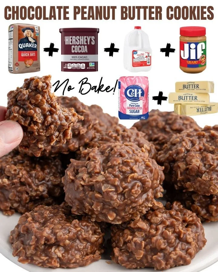 Chocolate Peanut Butter No-Bake Cookies on a plate with a glass of milk