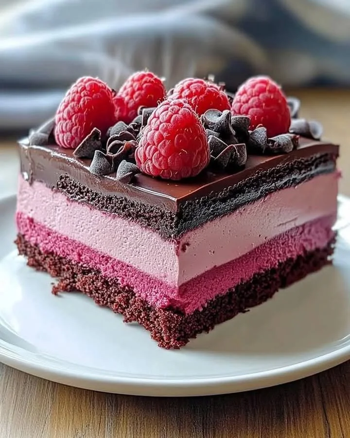 Delicious Chocolate Raspberry Mousse Cake with fresh raspberries on top