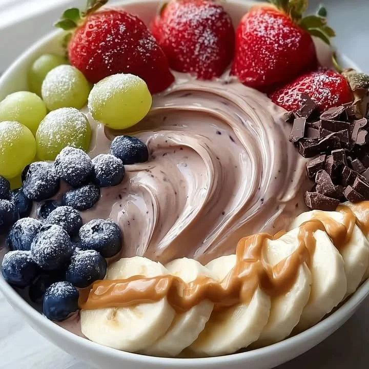 Delicious chocolate swirl yogurt fruit bowl topped with fresh fruits
