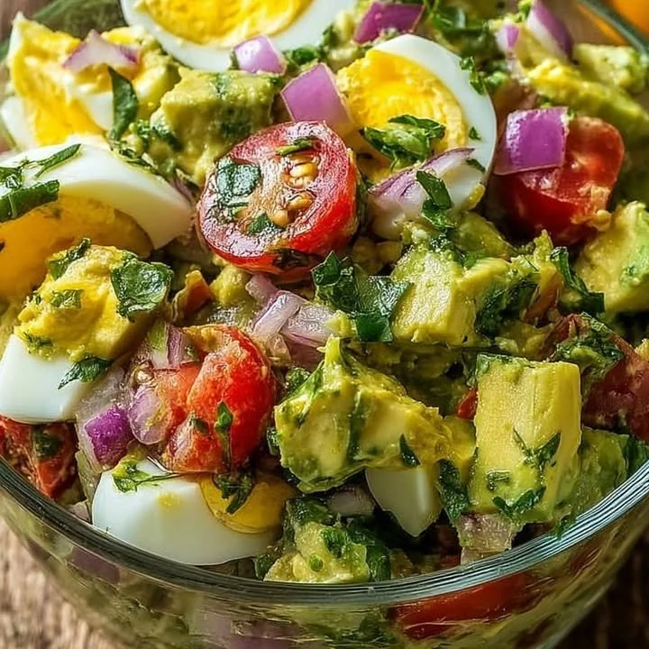 Chunky avocado egg salad with diced vegetables in a bowl