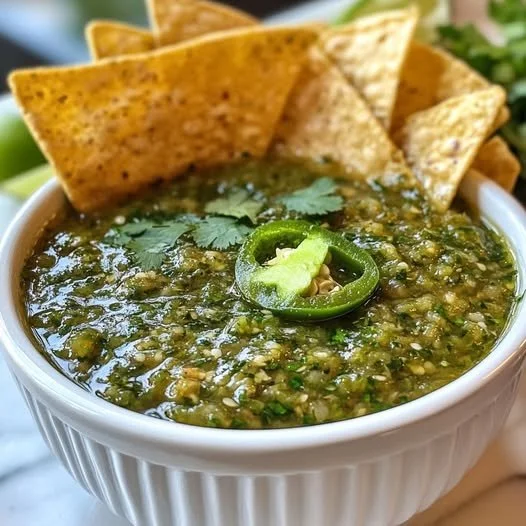 Bowl of Cilantro-Lime Jalapeño Salsa with fresh cilantro and lime slices