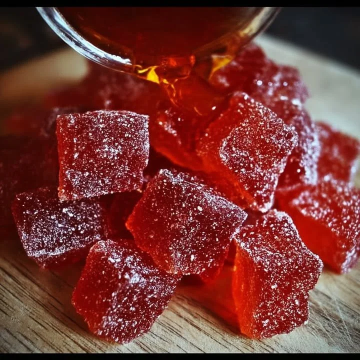 Homemade cinnamon rock candy with vibrant red color and sugar texture