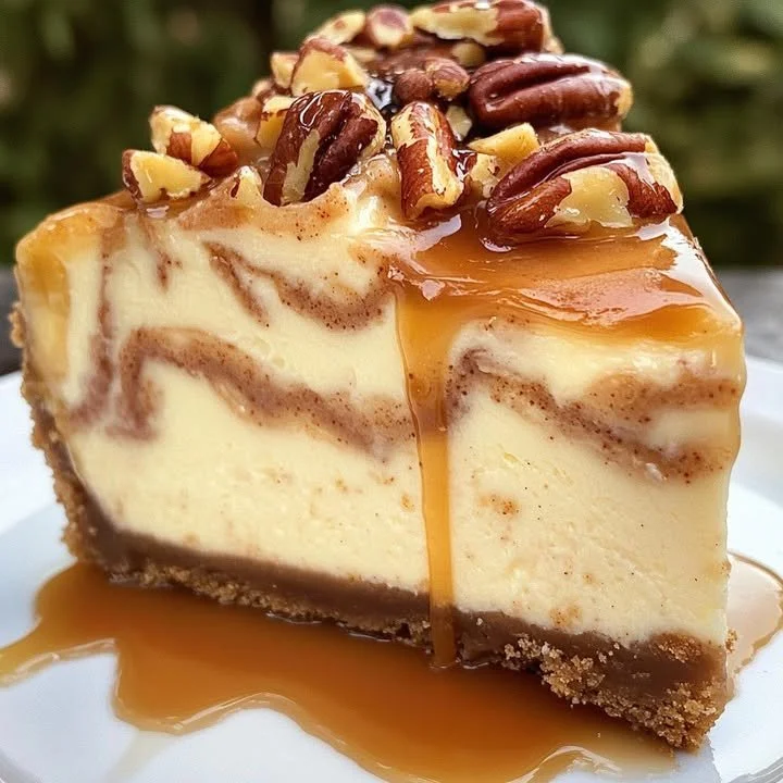 Delicious cinnamon roll cheesecake topped with cinnamon and cream cheese frosting