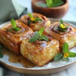 Delicious cinnamon roll French toast bites topped with icing and berries