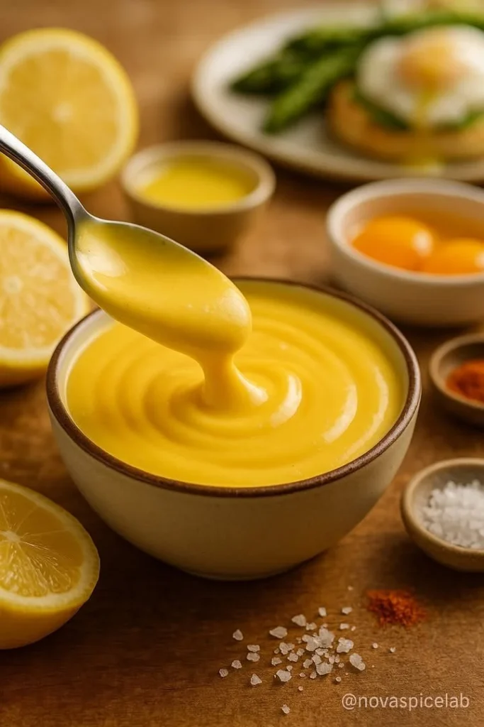 A bowl of classic Hollandaise sauce poured over eggs and asparagus