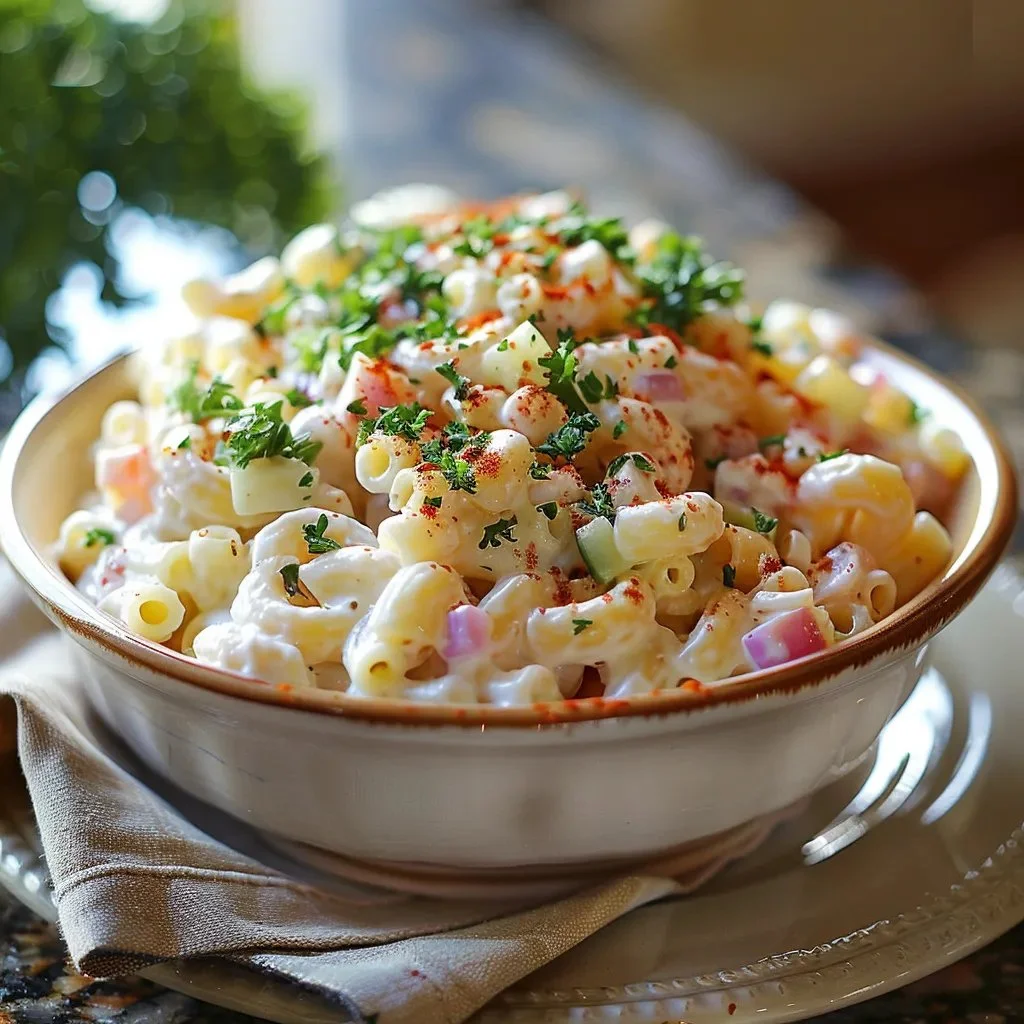Classic macaroni salad served in a bowl with colorful vegetables.