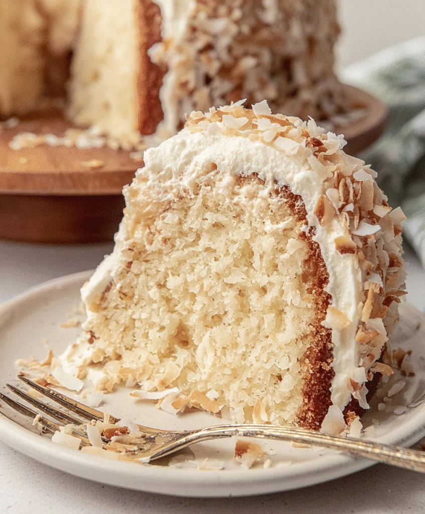 Delicious and moist Coconut Bundt Cake garnished with shredded coconut.