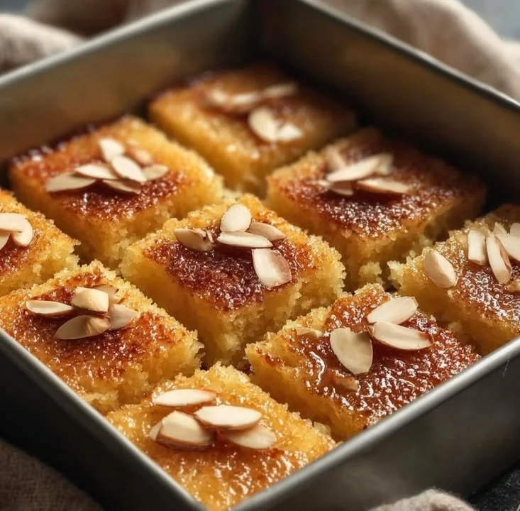 Delicious Coconut Semolina Cake (Basbousa) topped with nuts and syrup