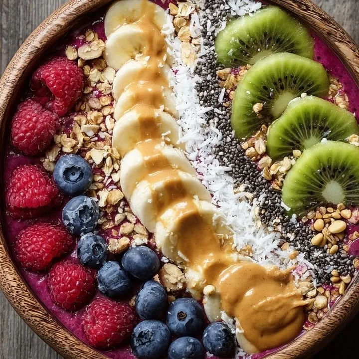 Colorful acai smoothie bowl topped with fruits and granola